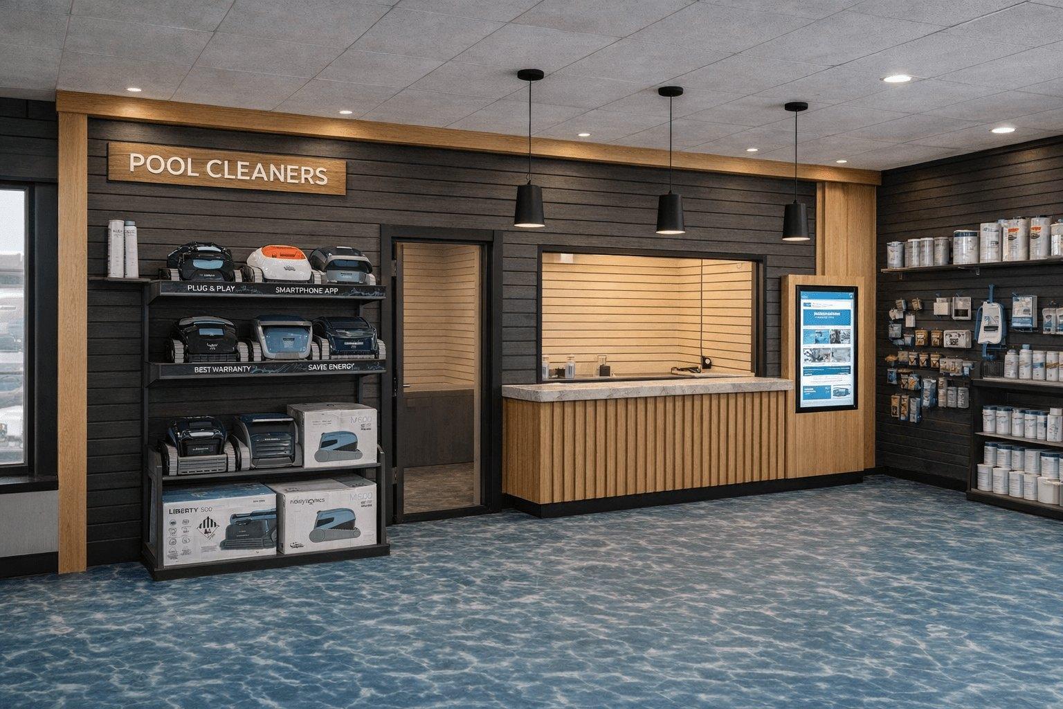 Inside a Betz Pools store — cleaner display, service counter and chemical wall